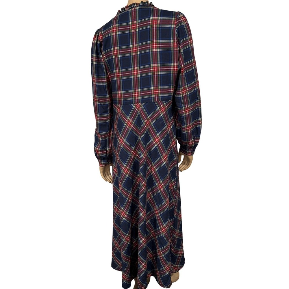 Boden Navy Red Tartan Plaid Ruffle V-Neck Midi Dress Long Sleeve Size 12R - Picture 10 of 12
